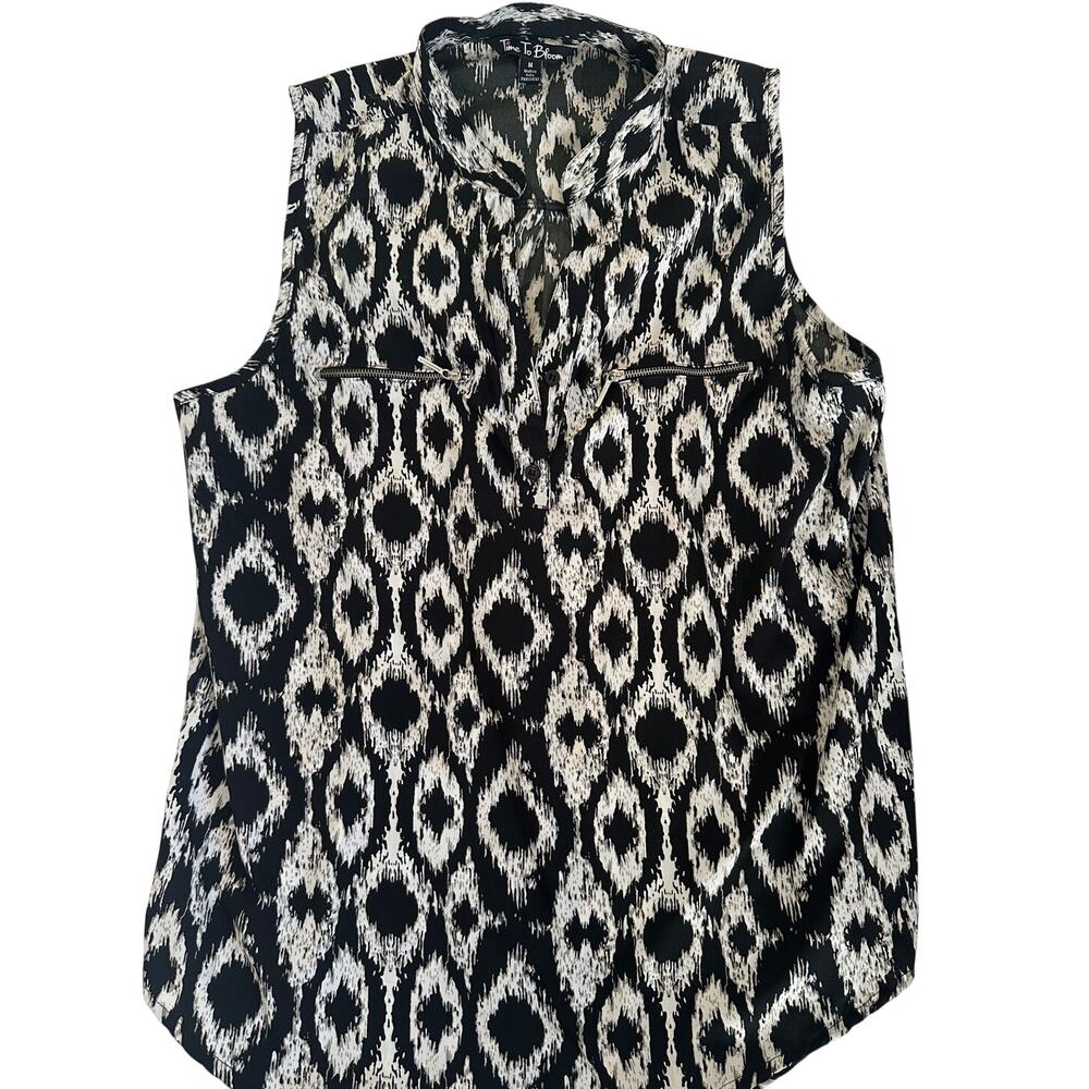 Time To Bloom Sleeveless Blouse Ikat Tribal Print Mock Neck Black Cream Size M